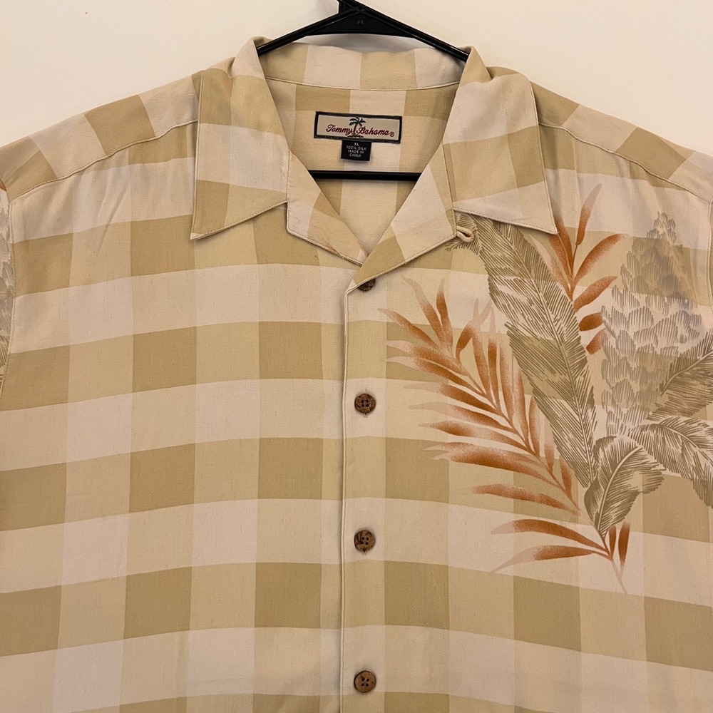 Tommy Bahama Mens XL‎ 100% Silk Shirt Tan Checkered Tropical Palm Leaf Button